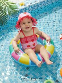 Cozy Pixies 2pcs/Set Newborn Baby Boy/Girl Strawberry Print Vacation Romper Swimsuit With Cute Sun Hat Set