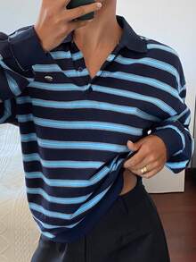 DAZY Women's Loose Fit Contrast Striped Polo Collar Long Sleeve Pullover Casual Top, Spring/Autumn - Blue - View 6