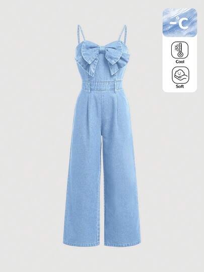 SHEIN Girlism Tween Girls Fall Clothes Trending Casual Cute Bowknot Plaeated Spaghetti Strap Denim Jumpsuit With Wide Leg Pants