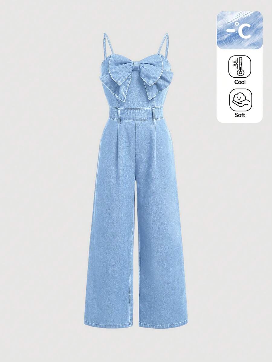 SHEIN Girlism Tween Girls Fall Clothes Trending Casual Cute Bowknot Plaeated Spaghetti Strap Denim Jumpsuit With Wide Leg Pants - Light Wash - View 1