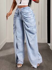 BamGleam 女士休闲褶皱宽松牛仔裤 - 藍色 - 查看 3