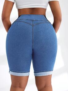 SHEIN SXY Quần short denim dáng ôm, cạp chun tương phản, cỡ lớn, phong cách thường ngày, mùa hè. - Rửa trung bình - Xem 2