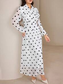 Graceveil 女士优雅通勤雪纺波点连衣裙，秋季 - 白色 - 查看 4