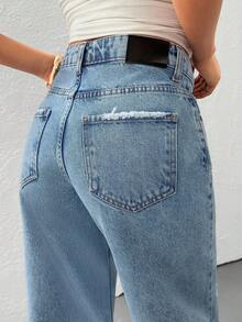 EURMUSE 女士口袋破洞阔腿宽松休闲百搭牛仔裤 - 藍色 - 查看 7