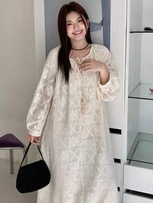 Dazy Plus Plus Size Solid Color Hollow Out Round Neck Long Sleeve Dress Maxi Dress Sundress Vacation Outfits Women - Apricot - View 6