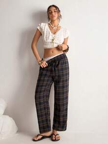 Freevana 复古藏蓝色和棕色格子七分裤，高腰抽绳宽松锥形裤腿休闲修身格纹长裤，适合工作和日常穿着。 - 藏蓝色 - 查看 6