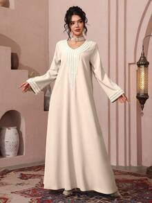 Al Najma Women's Loose Embroidered Beaded Robe For Ramadan - Apricot - View 3