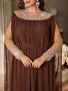 Aureia 优雅棕色加大码女士正式晚礼服，饰有仿珍珠（华丽繁复） - 咖啡棕 - 查看 8