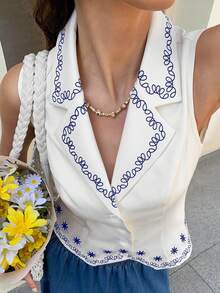 Elyressa 撞色印花翻领无袖修身女士西装外套 - 杏色 - 查看 7