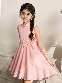 SHEIN 1pc Girls' Bowknot Side Design Halter Neck Fashionable Dress, Summer - Pink - View 5
