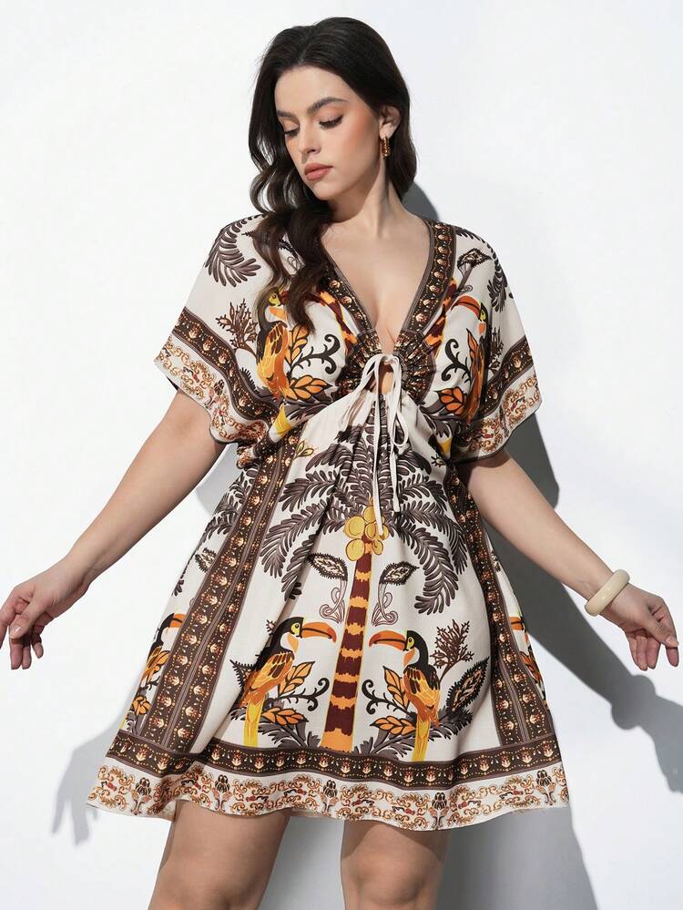 SHEIN Maija Plus Size V-Neck Short Sleeve Vacation Style Casual Dress, Suitable For Urban Commute, Business Casual, Summer, Elegant Dress For Women Plus Size Resort Wear Plus Size Vacation Dress Plus Size Beach Dress Kimono Dress Plus Size Boho Dress Spring To Summer Spring Outfit Womenvalentine's Day Carnival Fasching Women Costume Party Beach Wedding Vacation Casual Plus Size Cover Up Swimwear Plus Size Beach Wear Resort Wear Curve Butterfly Top  St Patrick's Day Women Easter Summer Outfits Easter Dress Women Party Top Beach Dress Summer Holiday Outfits Each Vacation Outfits For Women  Summer Outfit For Women Going Out Outfits Graduation Graduation Outfit  Casual Dresses  Casual Blouses For Women