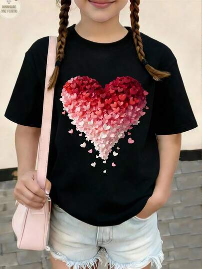 SHEIN Explorewe Camiseta informal de manga corta y cuello redondo con estampado de corazón degradado, adecuada para uso diario, salidas y escuela, para niña preadolescente