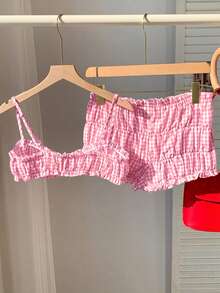 Comfortcana 女士荷叶边格子吊带背心和短裤两件套 - 粉色 - 查看 2