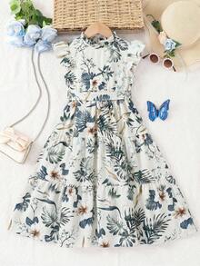 SHEIN Young Girl Ditsy Floral Sleeveless Ruffle Collar Chiffon Dress - Beige - View 6