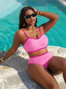 Slaydiva Plus Size Women Solid Color Splice Drawstring 2-Piece Bikini Set, Swimwear For Beach, Holiday, Swimming, Party, Yacht - Pink - View 7