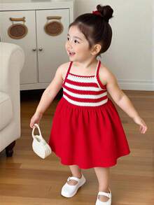SHEIN Playful Pals 女嬰細肩帶A字裙 紅白條紋 夏季可愛派對裝扮 簡約優雅 寬鬆版型 海灘度假休閒夏日洋裝 - 紅色 - 查看 7