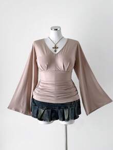 Sunspun Camiseta de manga larga con cuello en V sólido y estilo vintage romántico para mujer de talla grande, camiseta de manga larga regular, camiseta ajustada con pliegues a la moda, adecuada para uso diario, temporada de vuelta al colegio, diseño de cintura, apropiada para la oficina, fiestas de solteros, ir y venir, casual, reuniones con la novia, campus, diversos estilos universitarios, primavera, verano, otoño - Albaricoque - Ver 7