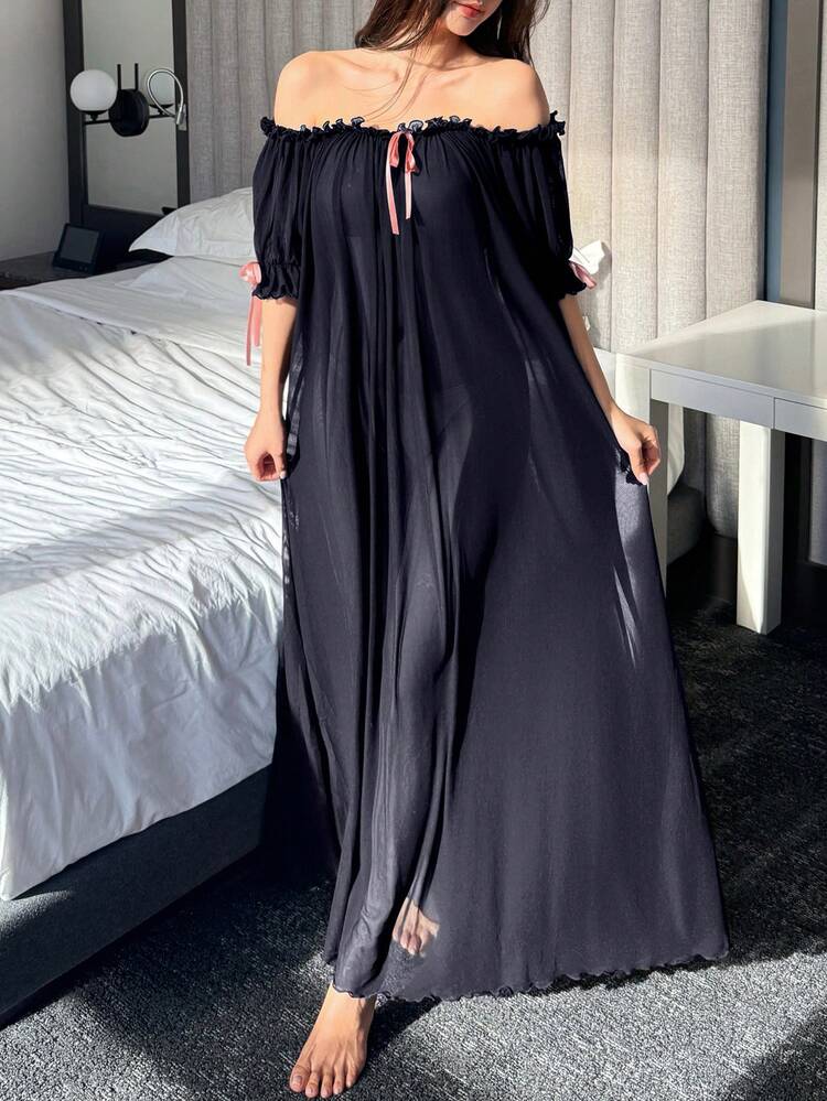 Charming Sheer Mesh Off-Shoulder Ruffle Hem Dress, Sexy Summer Women Nightgown