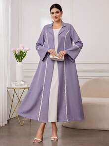 Al Najma 女士优雅日常立领荷叶边长袖长款罩袍 - 紫色 - 查看 4