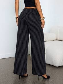 SHEIN PETITE 女士黑色条纹低腰镂空装饰带休闲简约阔腿裤/通勤休闲/百搭外出/办公室穿着/复古富家女装/商务休闲女装/教师装时尚女裤 - 黑色 - 查看 3