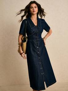 Poéselle 女士休闲日常通勤单排扣短袖收腰牛仔连衣裙，夏季 - 深色水洗藍 - 查看 8