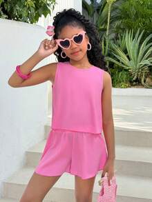 2pcs/Set Tween Girls Casual Crew Neck Textured Fabric Bow Back Tank Top And Shorts Set - Pink - View 2