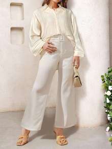 Veilorie Plus Size Women's Casual Basic Button-Down Long Sleeve Shirt - Apricot - View 3