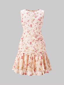 SHEIN 少女碎花印花腰带蝴蝶结A字针织连衣裙，优雅百搭，适合外出、约会、夏季穿着、海滩度假等各种场合。 - 彩色 - 查看 3