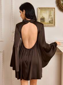 Modelyn Women's Solid Color Stand Collar Backless Elegant Waist Cinched Flare Sleeve Mini Dress, Suitable For Vacation And Party - Brown - View 3