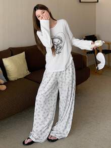 DAZY Cartoon Print Loose Women Pajama Set, White - White - View 8