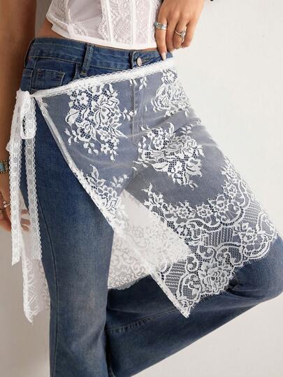 Freevana Bohemian White Lace Tie-Up Decor Skirt, Sheer Floral Pattern Single Side Wrap Skirt, Vintage Hollow-Out Mesh Overlay Skirt, Denim Pants Layered Women Skirt, Spring/Summer