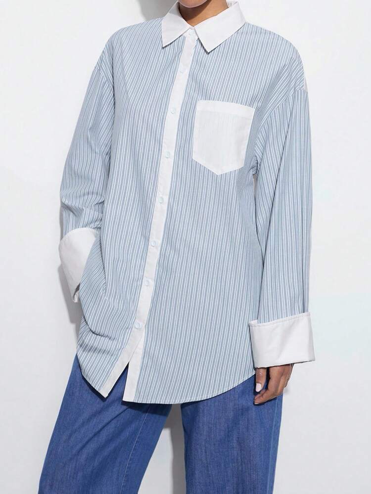 SHEIN Maija Camicia donna primaverile di moda versatile, con collo a risvolto, manica lunga, monopetto, con dettagli a contrasto