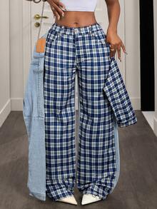 Slaydiva Women's Plaid Print Elastic Waist Tie Front Casual Versatile Jeans - Blue - View 7