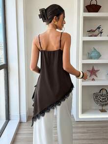 Elouméa Camiseta sin mangas de mujer de estilo urbano casual con cuello en V, bajo asimétrico de encaje y parches de unicolor - Marrón Chocolate - Ver 2