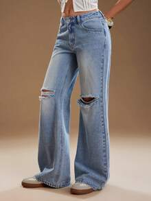 TRNVIE 女士休闲时尚街头日常通勤低腰破洞喇叭牛仔裤 - 藍色 - 查看 3