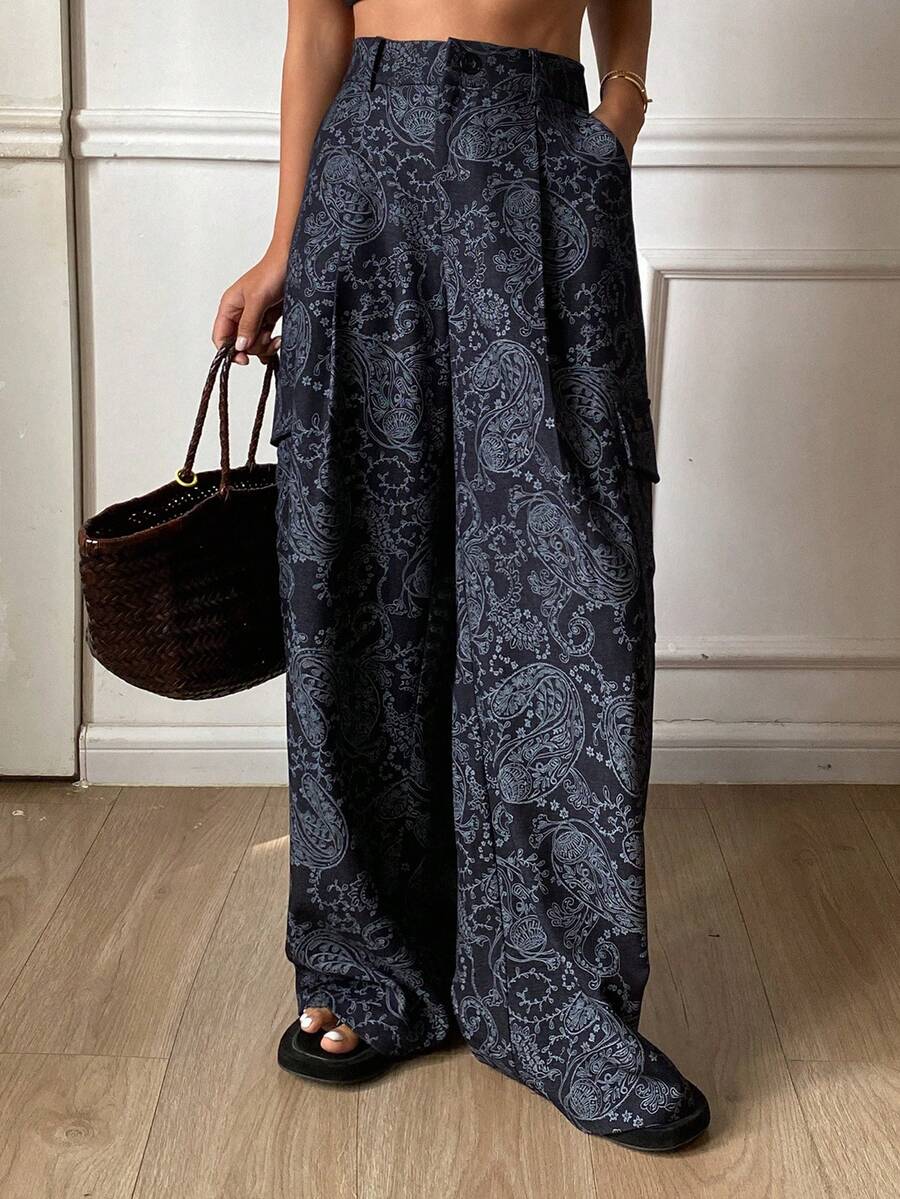 DAZY 女士宽松休闲阔腿裤，带口袋，腰果花印花，适合春秋季度假穿着 - 藏蓝色 - 查看 1