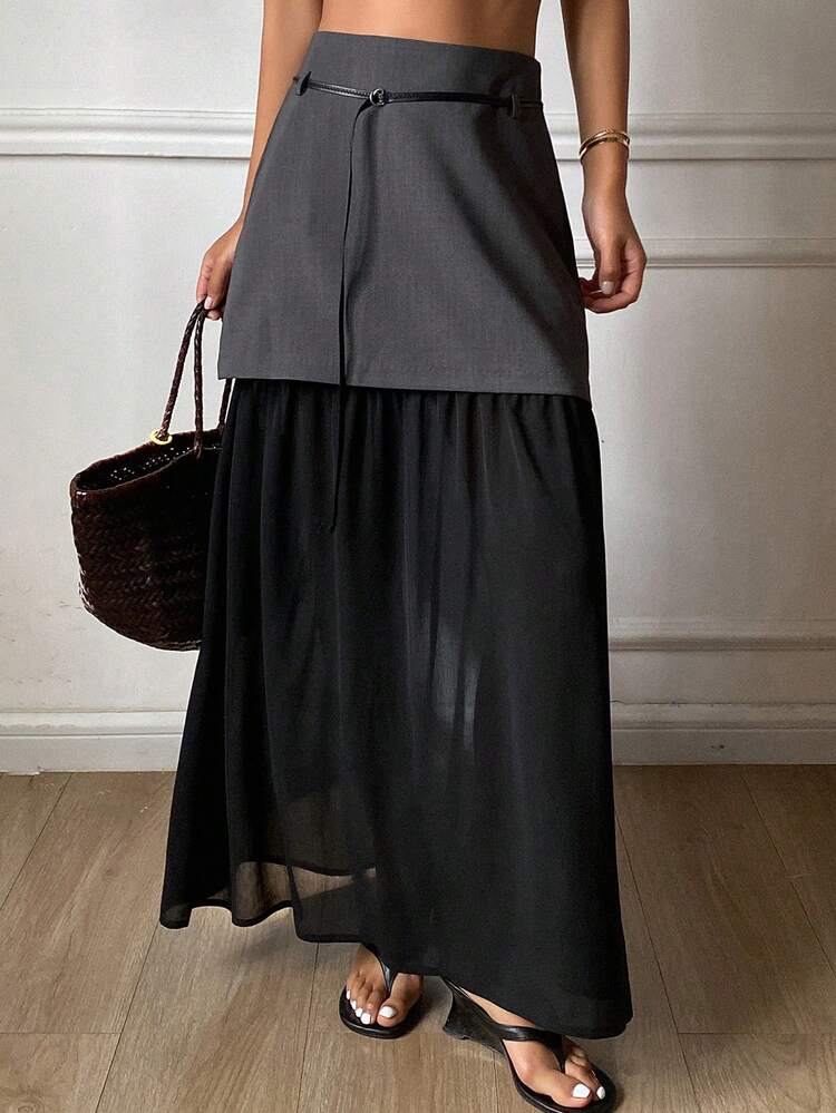 Contrast Mesh Waist Belt Long Elegant Skirt For Women, Spring/Autumn