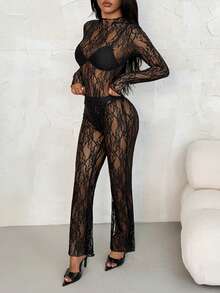 SHEIN PETITE 1pc Women Asymmetric Collar Sparkly Mesh Long Sleeve Fashion Top - Black - View 3