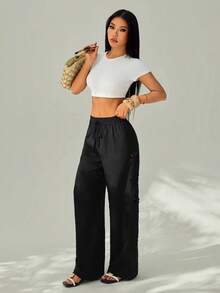 SHEIN PETITE Damen Urlaubs-Lässig einfarbige Hose mit Cut-Out-Muster, Winter Schwarz - Schwarz - Übersicht 7