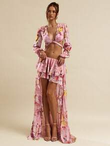 SHEIN BAE Chân váy maxi chiffon trơn và in hoa, vạt bất đối xứng, cạp thấp, thích hợp cho nữ đi biển, kiểu dáng dễ thương ngọt ngào lãng mạn phong cách Y2K, thích hợp cho mùa xuân/hè. - Hồng - Xem 4