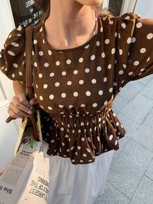 Elyressa Round Neck Raglan Sleeve Gathered Waist Ladies Woven Elegant Summer Blouse - Brown - View 6