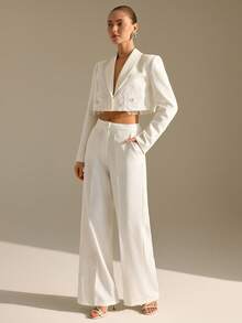 CLARA VERO Ensemble femme comprenant un blazer à manches longues avec col à revers fleuri et perles, avec ceinture, et un pantalon large, blanc - Blanc - Voir 2