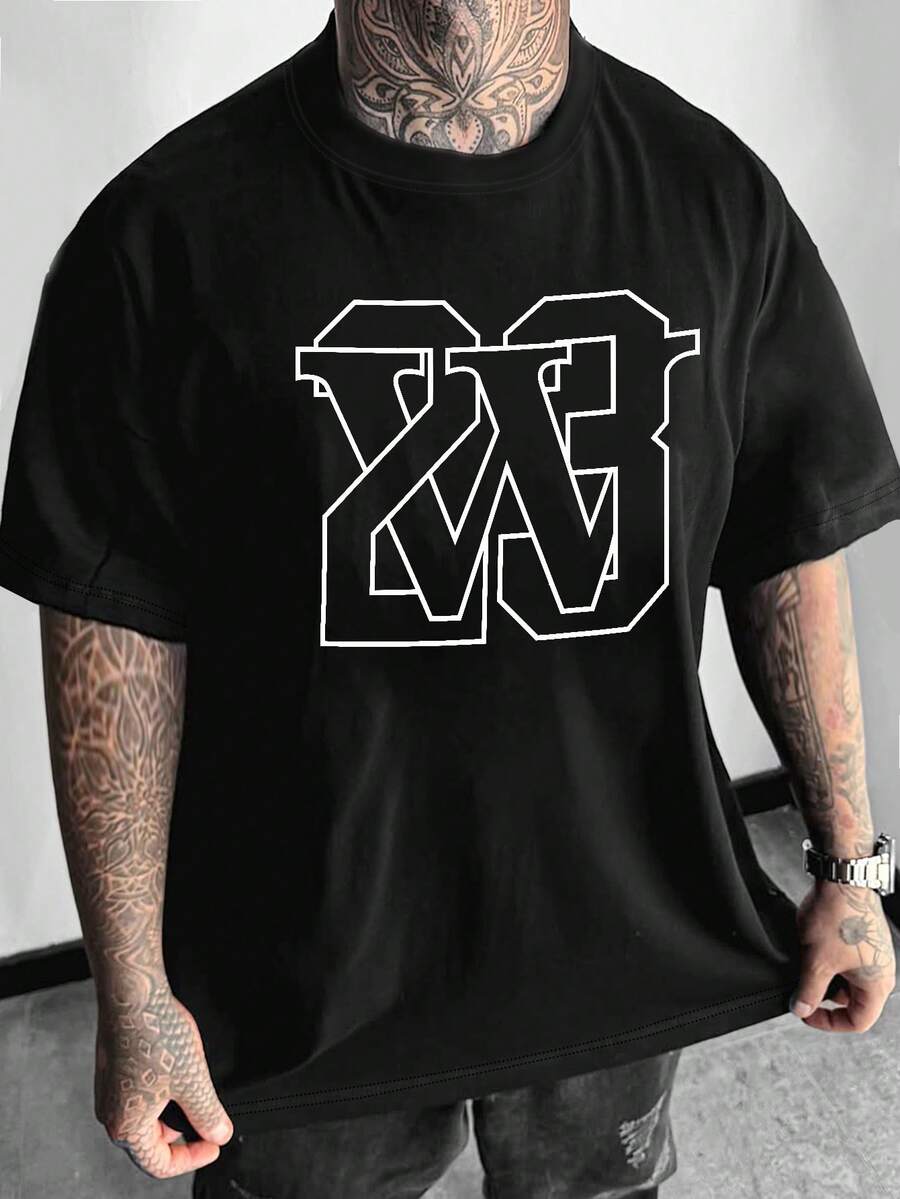 Manfinity Dauomo 男士加大码数字印花圆领短袖休闲百搭T恤 - 黑色 - 查看 1