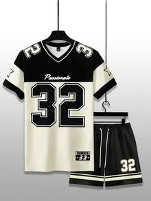 Aesthetic Post 复古美式篮球风格数字 32 和字母印花 V 领短袖短裤套装