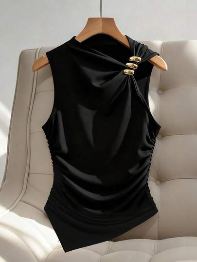 Lumivelle Casual Fashionable Metal Decor Waist Ruched Slim Fit Camisole Black Sleeveless Top