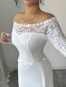 Elenzga 优雅性感露肩撞色蕾丝长袖修身鱼尾长裙，水晶装饰领口，适合约会，春夏时尚单品 - 白色 - 查看 7