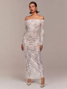 COSMINA 女士优雅露肩蕾丝半透明连衣裙，情人节、派对、春季、约会、度假皆宜 - 奶油色 - 查看 4