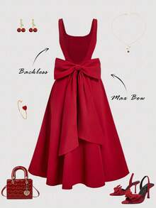 SHEIN MOD Women's Red Mid-Length Dress With Bowknot Decor On Back,Backless Dress,Vacation Outfits ,Modest Dresses For Women,Spring Break Dresses,Summer Holiday Outfits,Valentine's Day Dress,Birthday Dress For Women, Elegant Dresses For Party,Red Dress,Wedding Dress Bow Back Dress Red Open Back Dress Dress With Bow In The Back