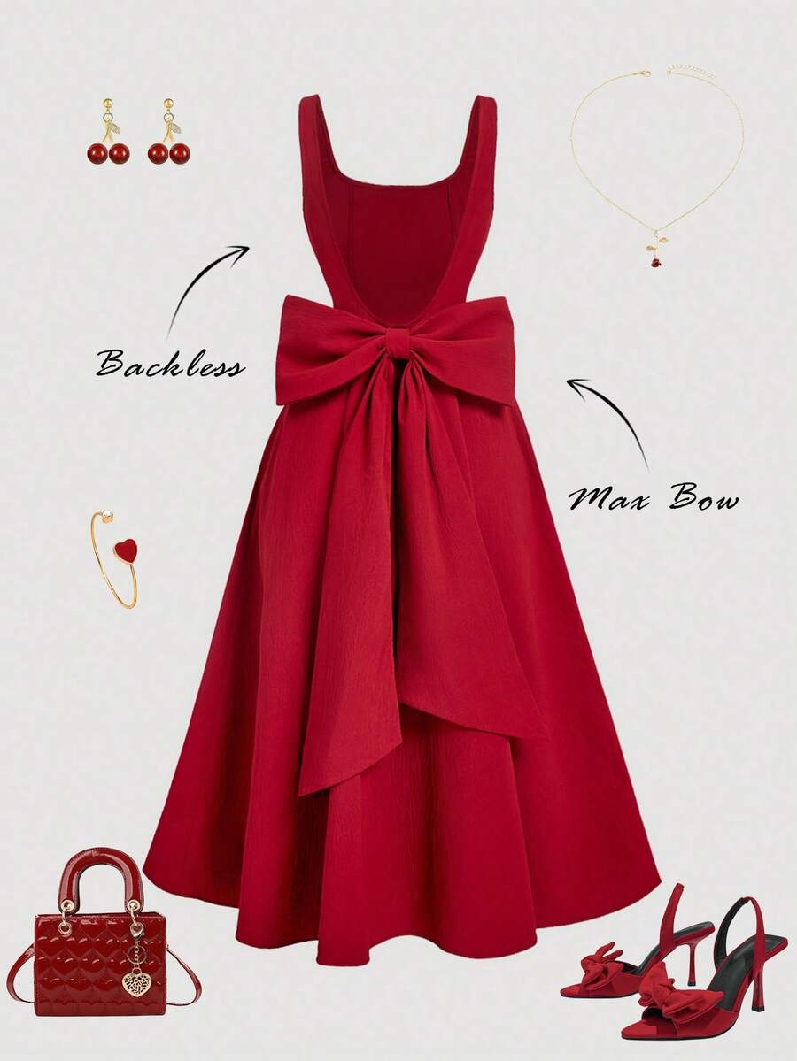 SHEIN MOD Women's Red Mid-Length Dress With Bowknot Decor On Back,Backless Dress,Vacation Outfits ,Modest Dresses For Women,Spring Break Dresses,Summer Holiday Outfits,Valentine's Day Dress,Birthday Dress For Women, Elegant Dresses For Party,Red Dress,Wedding Dress Bow Back Dress Red Open Back Dress Dress With Bow In The Back