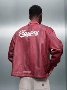 PLAYBOY X SUMWON 兔子标志红色条纹长袖翻领Polo衫，印花图案混搭 - 紅色 - 查看 5